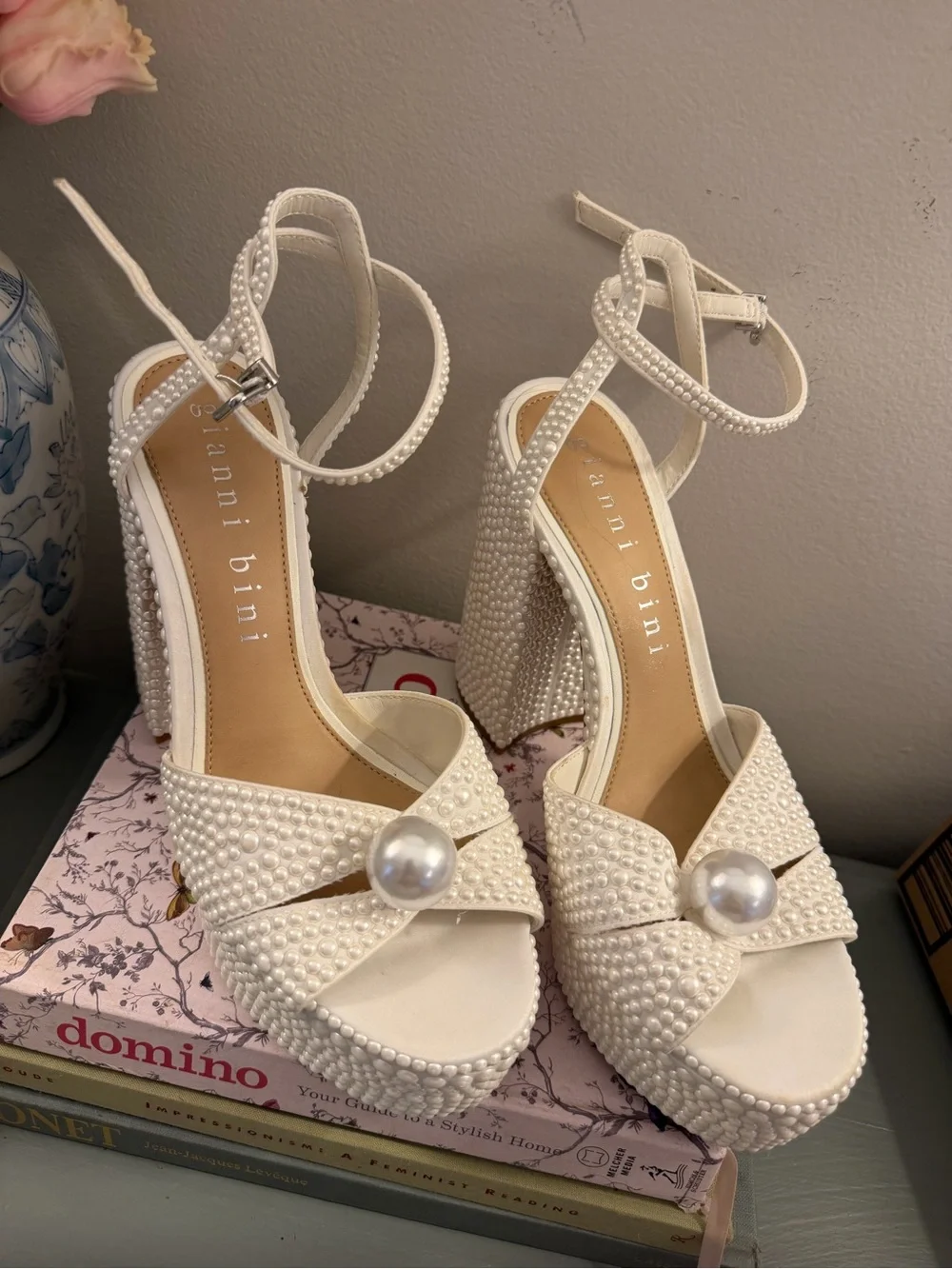 Gianni Bini Pearl-Embellished Ivory Platform Heels